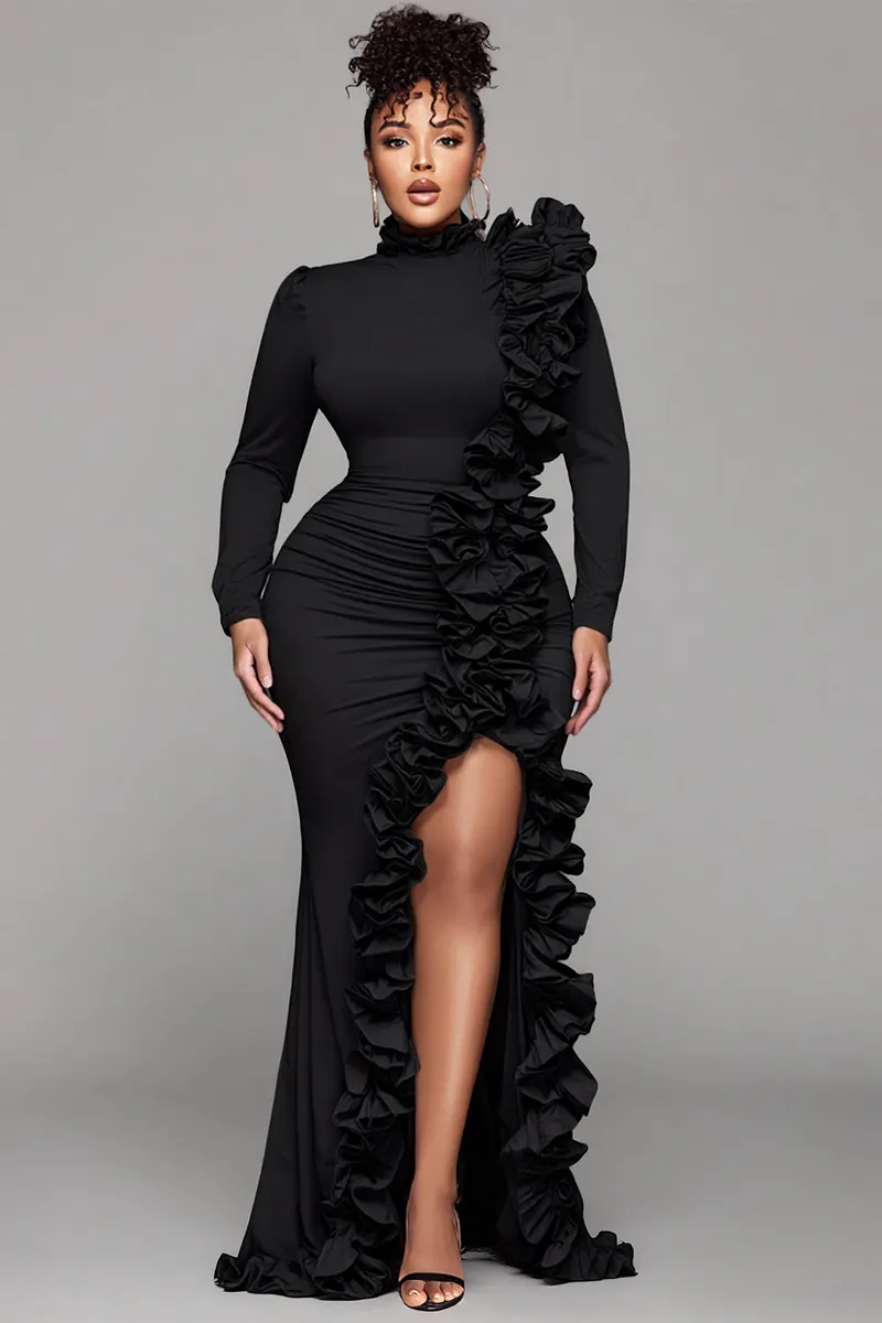 Xpluswear Design Plus Size Formal Purple V Neck Long Sleeve Split See  Through Lace Satin Maxi Dresses - Xpluswear.com