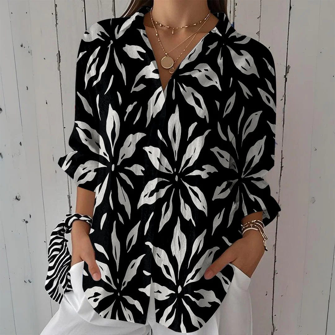 Style & Comfort for Mature Women Women Floral, Black, White DZCL0137 3/4 Sleeve Shirt Collar Printed Button Tops