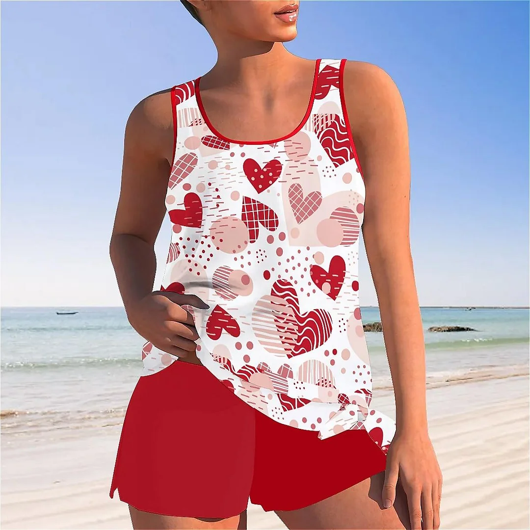 Bowknot Heart,Love,Valentine's Day Mid Waisted Tankini Set - Plus Size Available