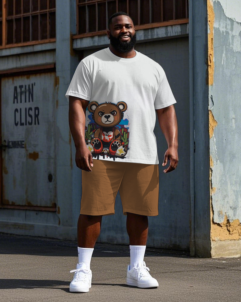 Men's Big Size Hip Hop Street Fashion Cartoon Bear Printed Casual Short Sleeve T-shirt Shorts Set