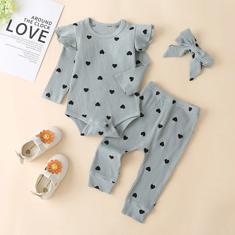 Autumn Korean Girl Casual Hang Striped Multicolor Long Sleeve Romper Love Print Three-piece Set