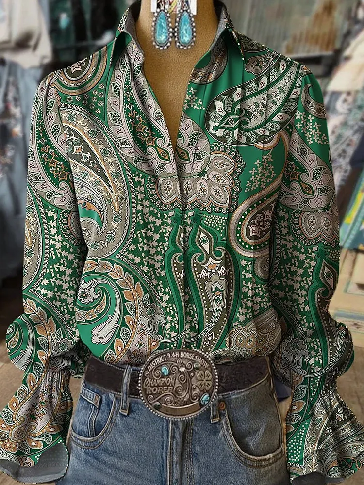 Women's Western Vintage Paisley Floral Print Western Bell Sleeve Shirt 