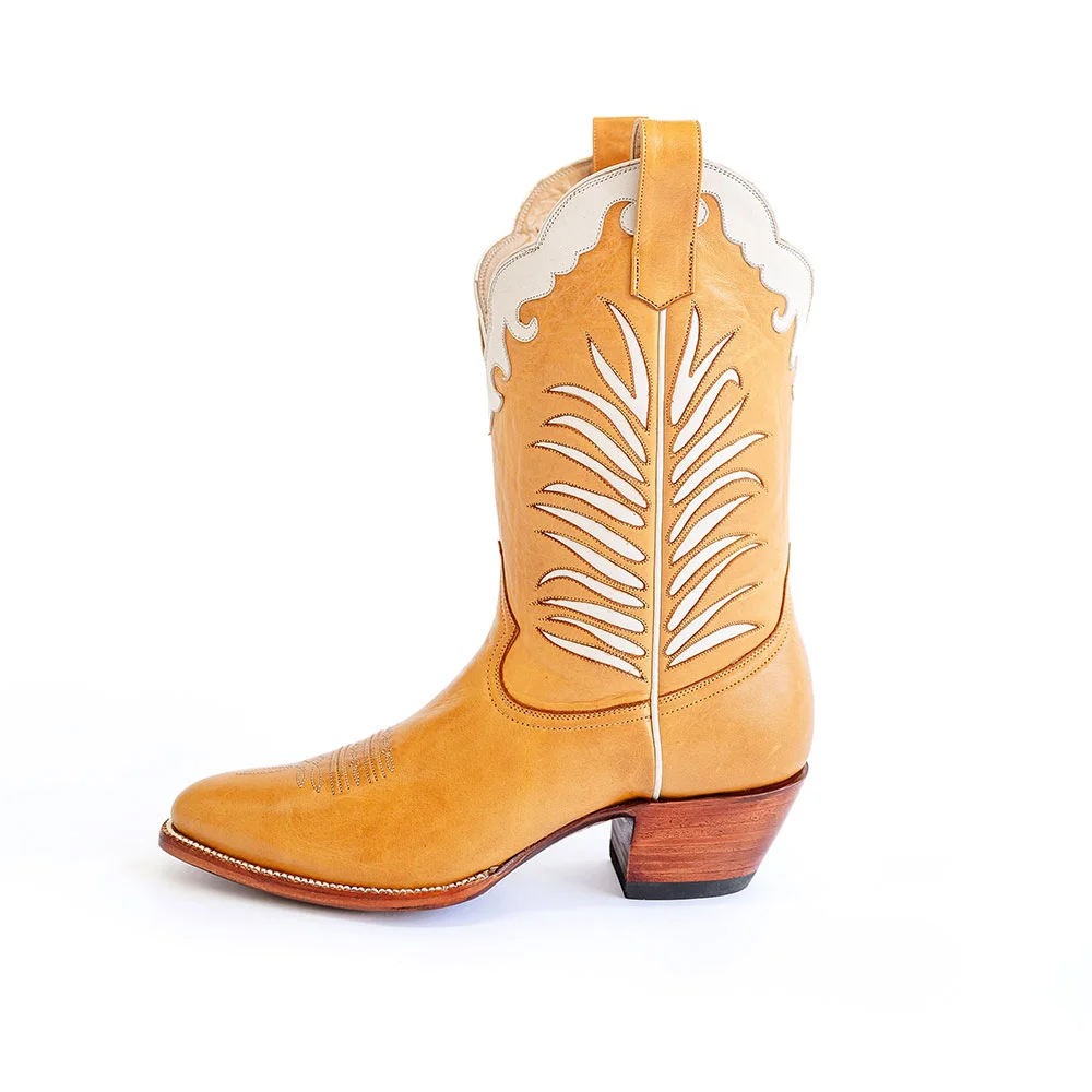Orange & White Chunky Heel Leaves Inlay Western Boots for Women