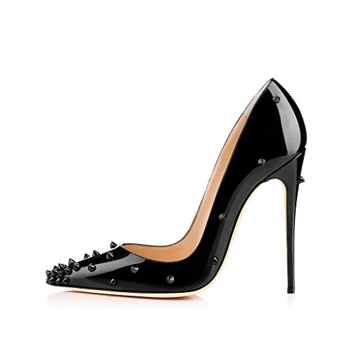 Lelia Black Stiletto Heels Pointy Toe Pumps Office Heels with Rivets |FSJ Shoes