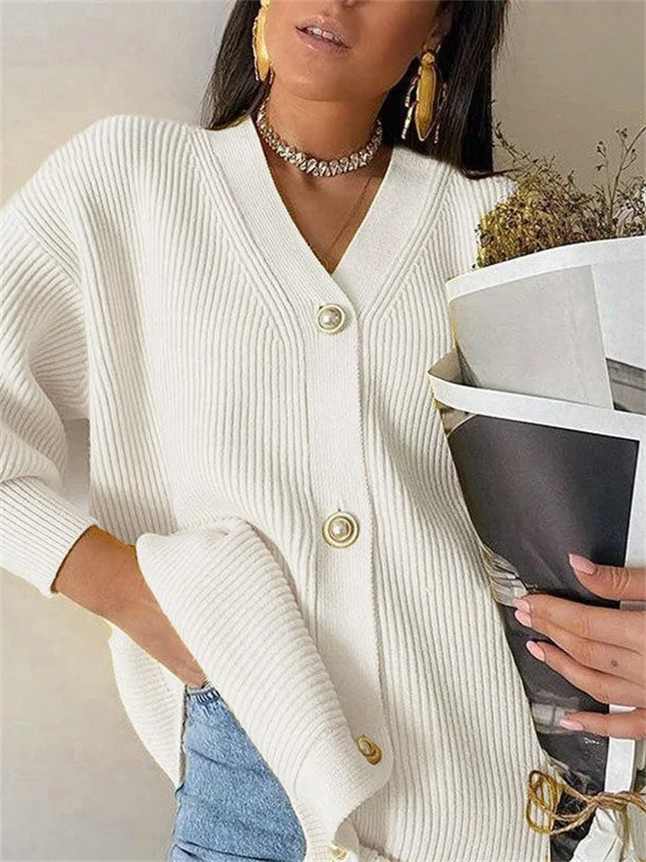 Solid Color V-neck Casual Loose Knit Breasted Cardigan Sweater