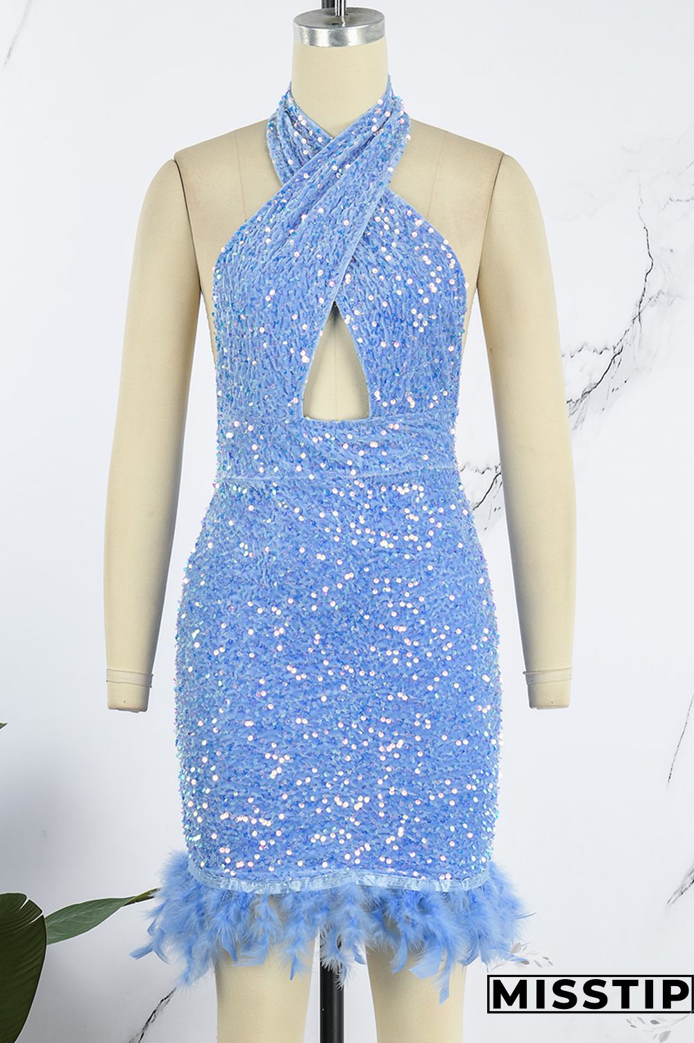 Blue Sexy Patchwork Sequins Backless Halter Sleeveless Dress Dresses
