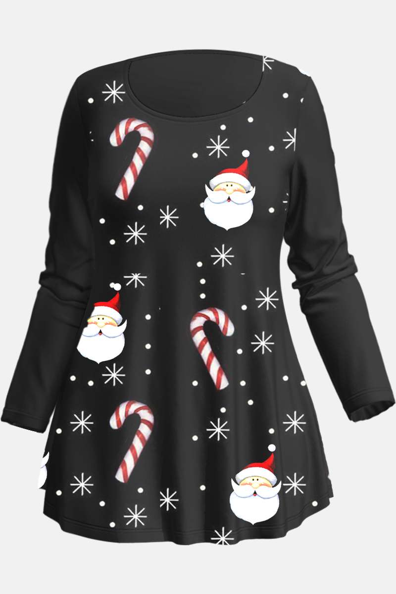 Flycurvy Plus Size Christmas Black Candy Cane Santa Claus Snowflake Print T-Shirt