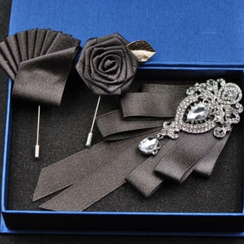 High-quality Fashion Handmade Red Diamond Bow Tie Wedding Collar Bowtie Brooch Pocket Towel Square Set Gifts for Men Accessories