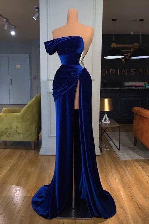 Dark Blue Mermaid One Shoulder Prom Dress Long Split With Beads | Risias