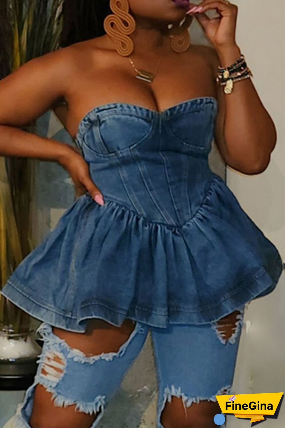 Blue Sexy Casual Patchwork Backless Strapless Sleeveless Skinny Denim Tops