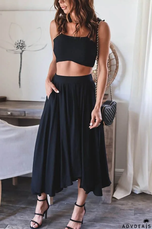 Tie Shoulder Crop Top Pockets Maxi Skirt Set
