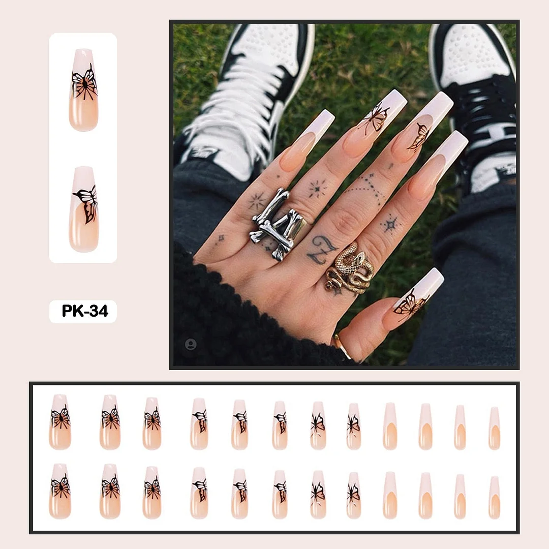 24PCS Dark Punk False Nails with Glue Gradient Long Detachable Fire Stick on Nails Skull Flame  Art DIY Fashion Manicure Tool-Nail Inspo