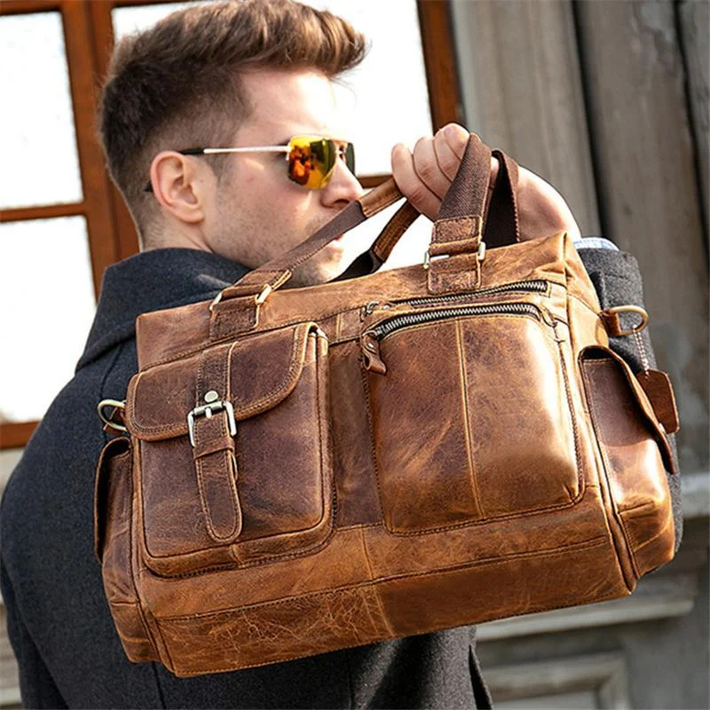 Mens Large Capacity Travelling Vintage Leather Duffel Bags Casual Briefcase