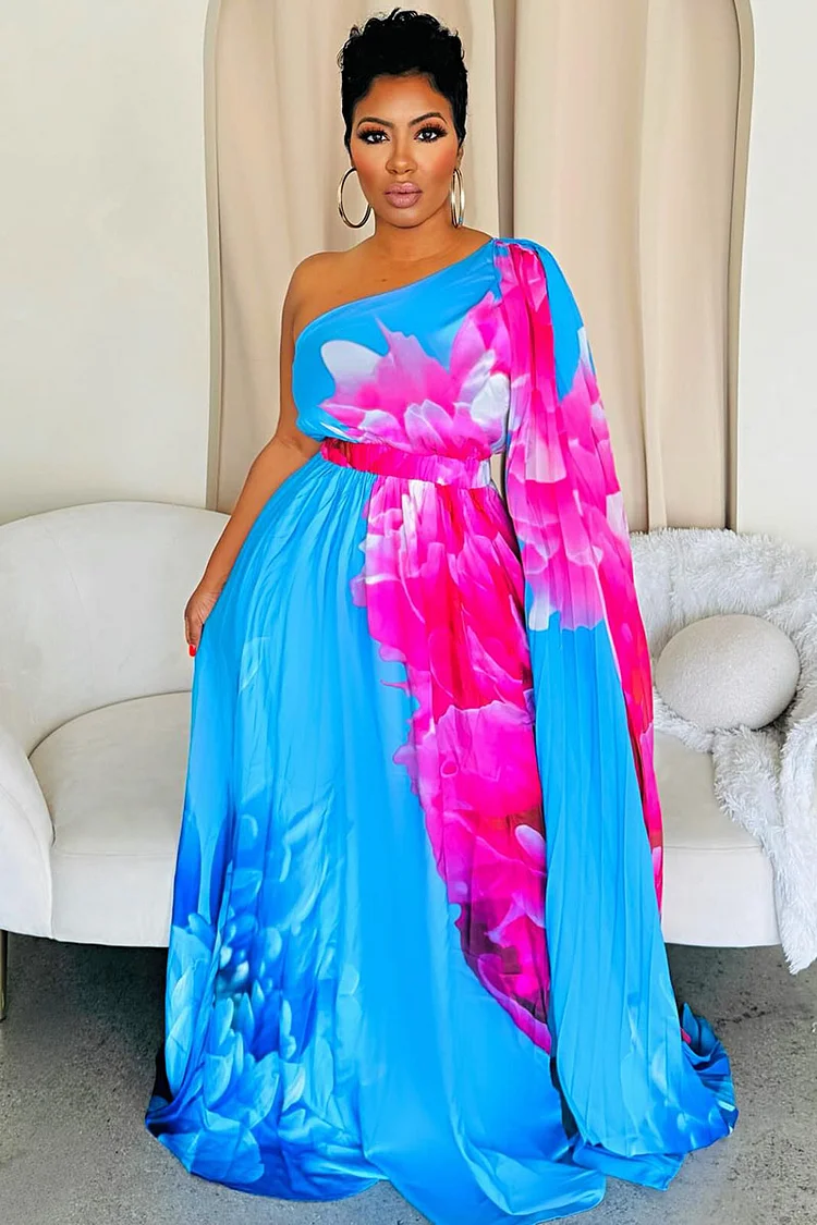 One Shoulder Sash Sleeve Floral Print Party Maxi Dresses-Blue [Pre Order]