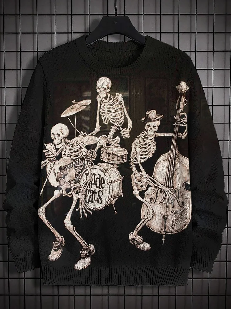 Men's Skeleton Rock Band Print Knit Sweatshirt
