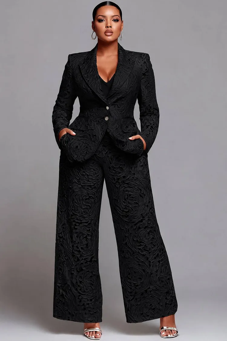 Xpluswear Design Plus Size Formal Black Lapel Collar Long Sleeve Pocket Wide Leg Two Piece Pant Suits 2024 - Xpluswear