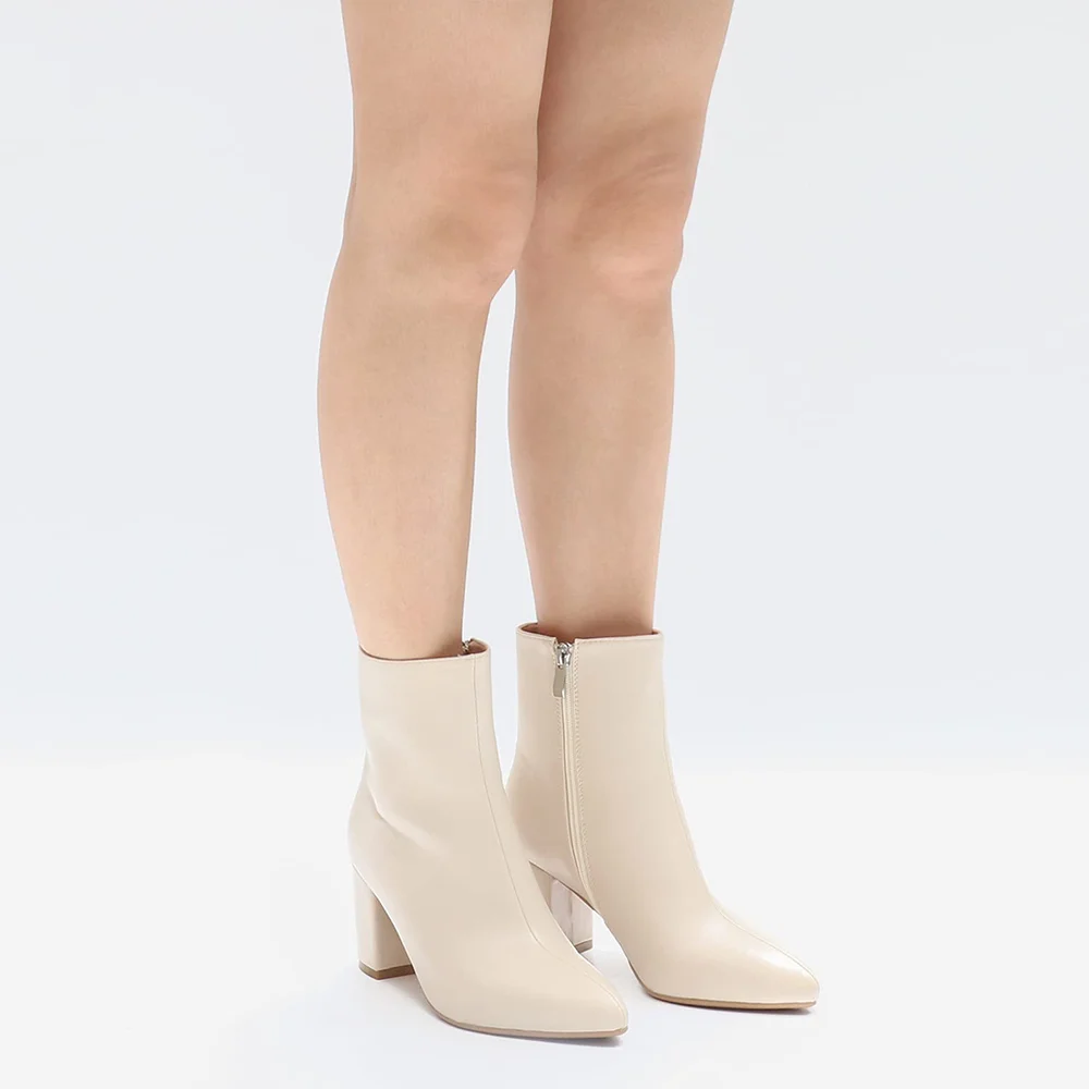 75mm Women's Zipper Pointed Toe Chunky Block Heel Ankle Boots Off White-MERUMOTE