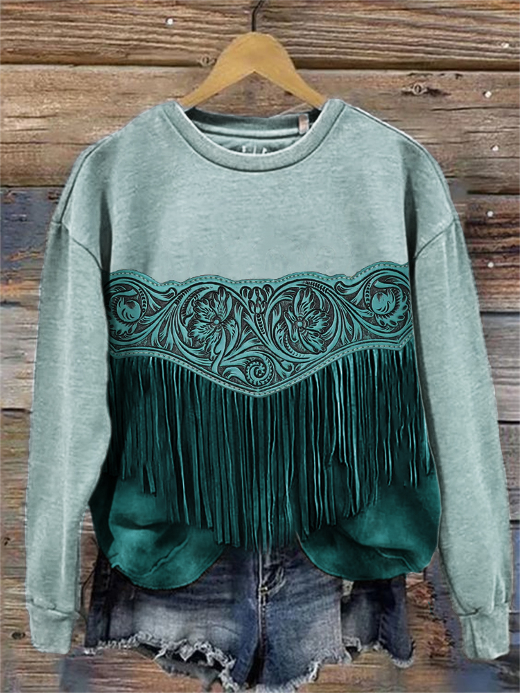  Western Floral Leather Tassels Sweatshirt Westsshops