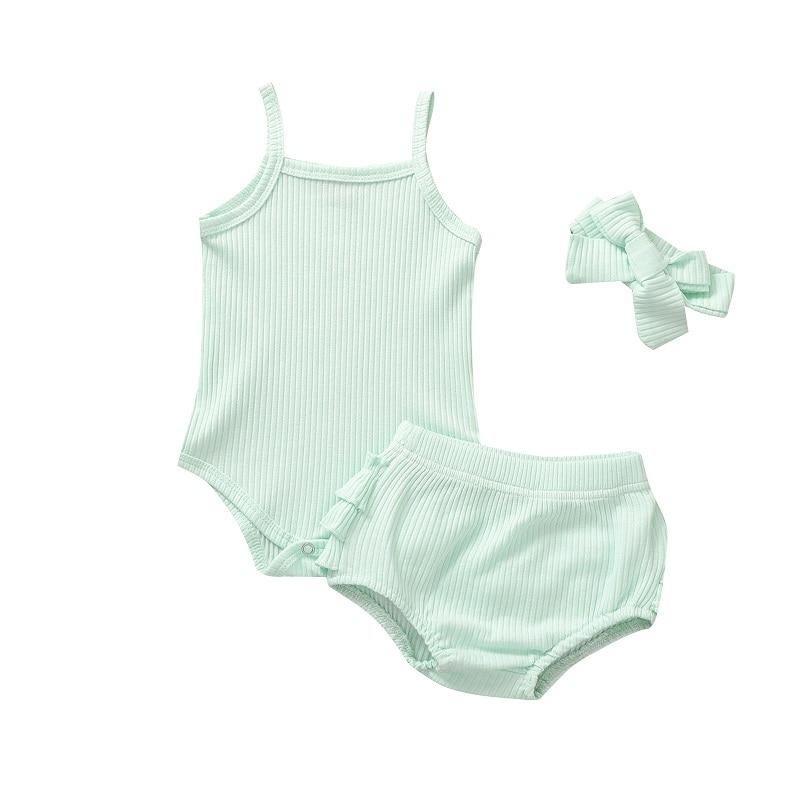 2021 Baby Summer Clothing Infant Newborn Girl 3 Pcs Ribbed Outfits Suits, Sleeveless Knit Romper Tank Top Ruffle Shorts Headband