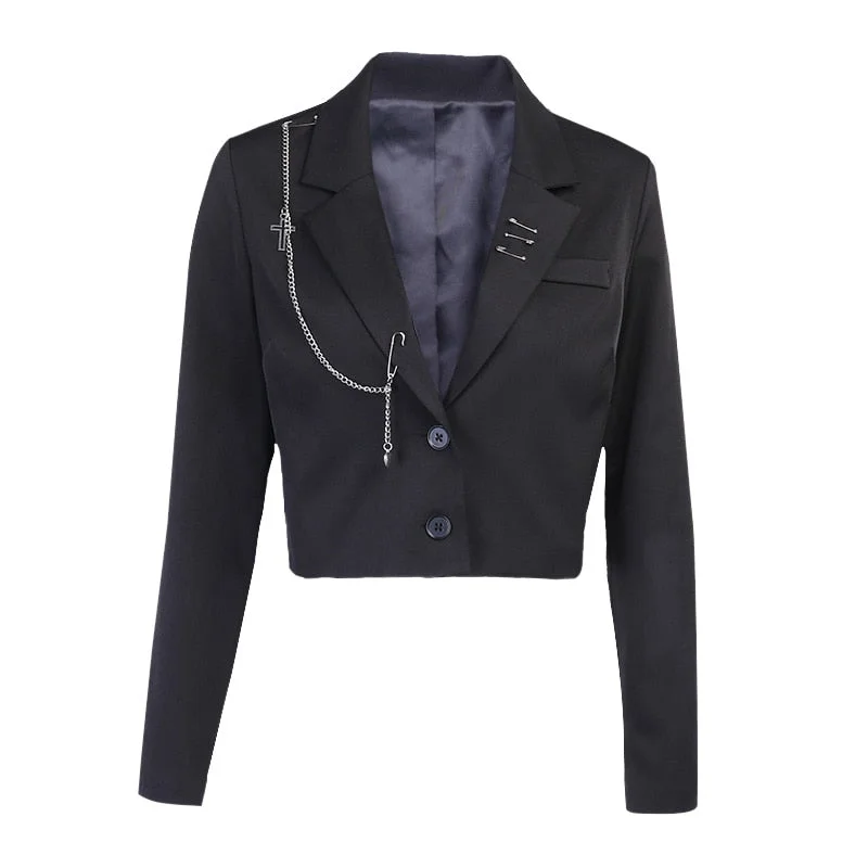 InsGoth Women Punk Gothic Black Blazer Harajuku Streetwear Metal Chain Patchwork Suit Office Ladies Commute Short Coat