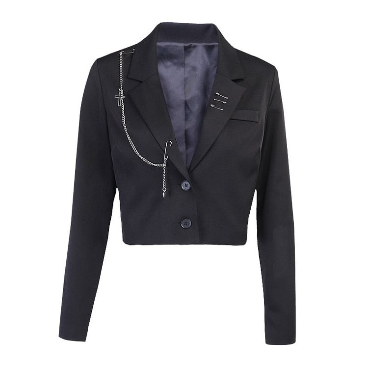 InsDoit Punk Office Lady Black Suit Tops Harajuku Streetwear Metal Chain Patchwork Suit Vintage Autumn Long Sleeve Crop Tops