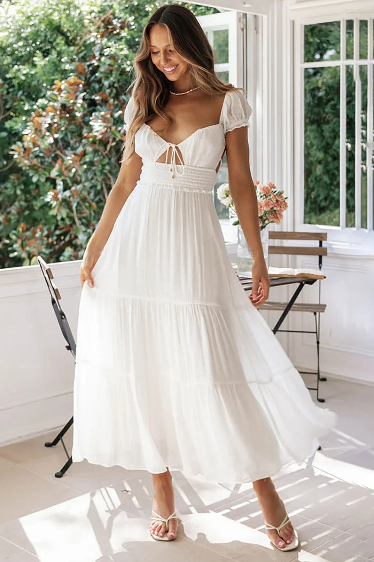 White Irregular Neck Puff Sleeve Backless Cut Out A-Line Pleated Flowy Midi Dress [Pre Order]