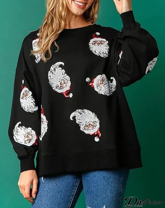 Autumn And Winter Christmas Round Neck Loose Sequin Women T-Shirt