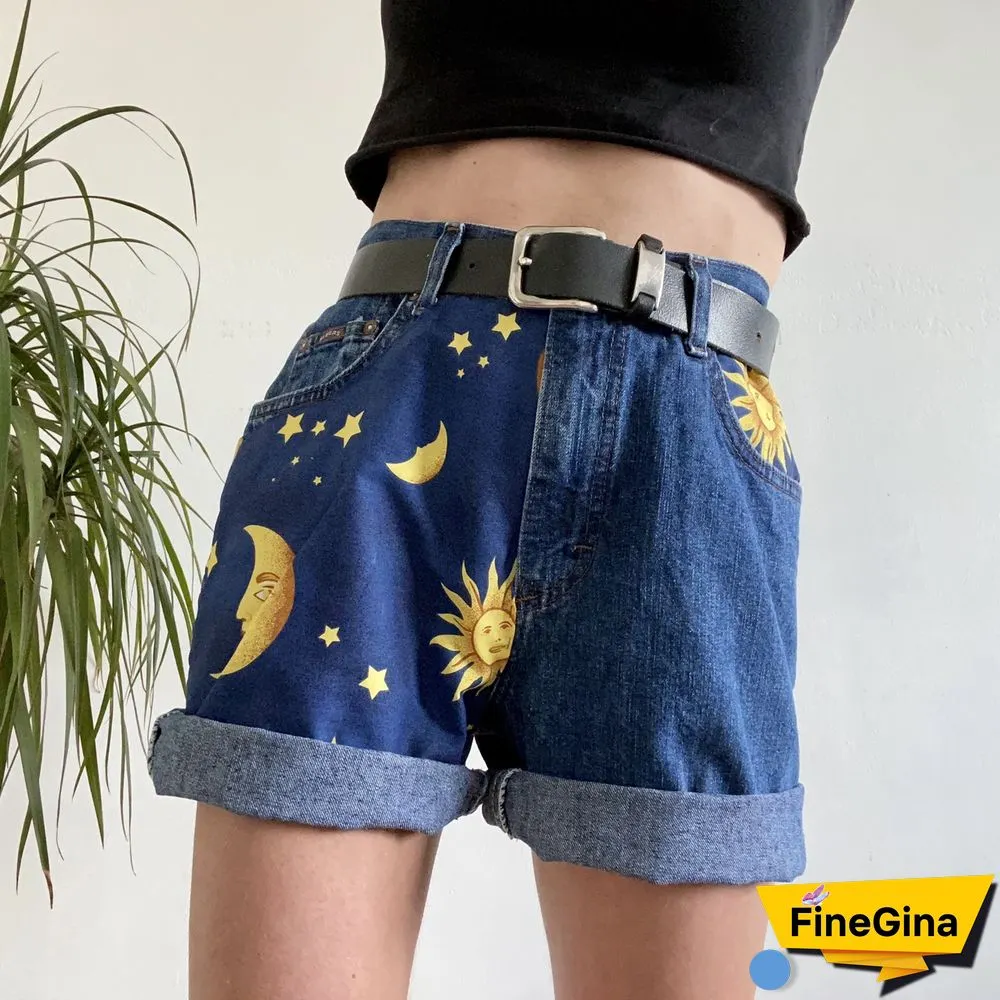Fashion Moon Sun Print Loose Fit Denim Shorts