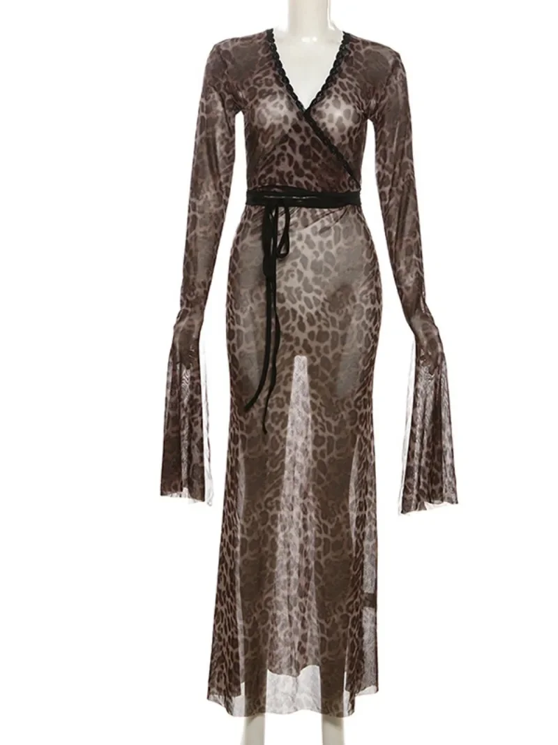 Pazazak costume ideas women Leopard Printed High Waist Long Maxi Dresses for Women Chic Lace Patchwork Full Sleeve Bandage See-through Mesh Evening Dress