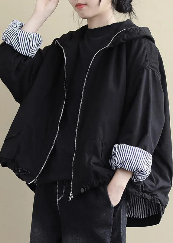 Luxury Black Hooded Zippered Winter Cotton Long sleeve Coat