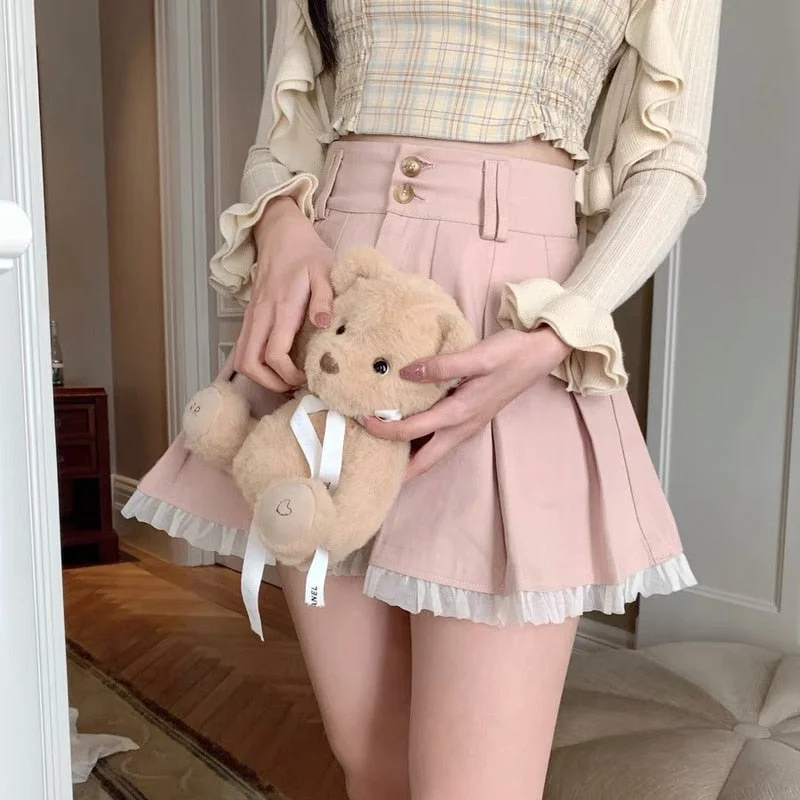 HOUZHOU Kawaii Lace Pleated Skirt Women Japanese Sweet Cute Pink Button Up High Waist A-line Mini Skirt Soft Girl Korean Summer