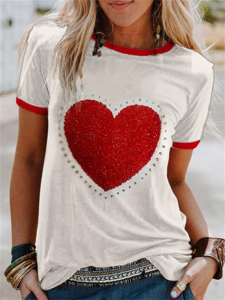 Comstylish Heart Colorblock Crewneck Short Sleeve T Shirt