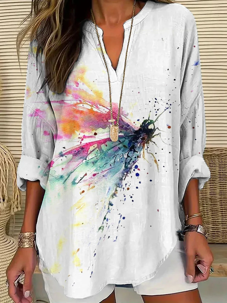 Women's Casual Watercolor Dragonfly Cotton Blend Print T-shirt