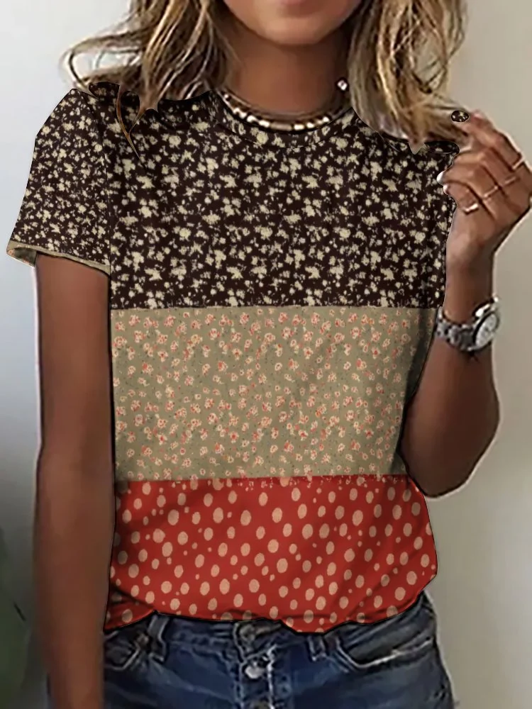 Printed Short Sleeve Casual T-shirt for  Women and Men Unisex Pattern Floral,Polka Dot,Red,Light Coffe,Navy,Stitch