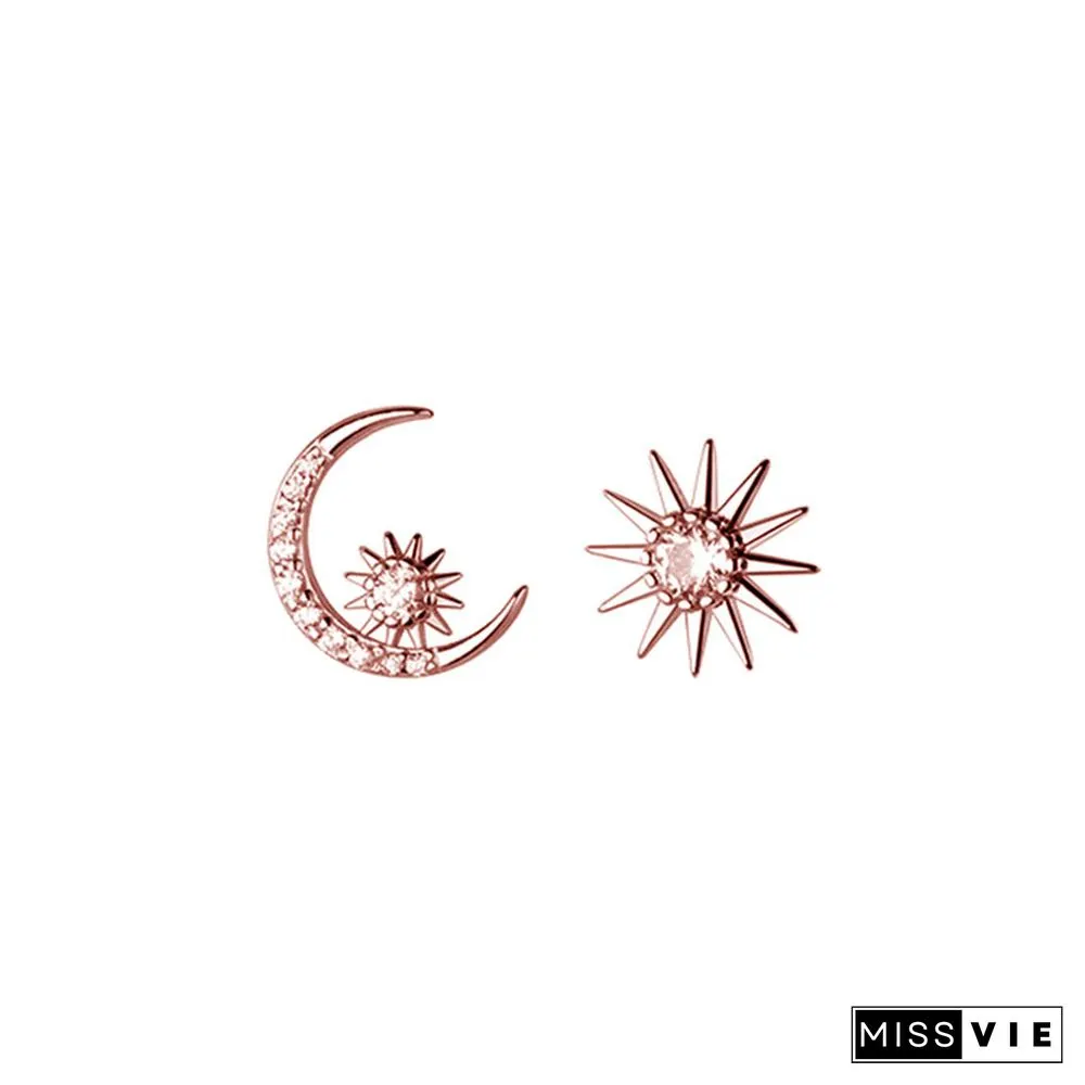 Sun Moon Asymmetrical 925 Sterling Silver Stud Earrings