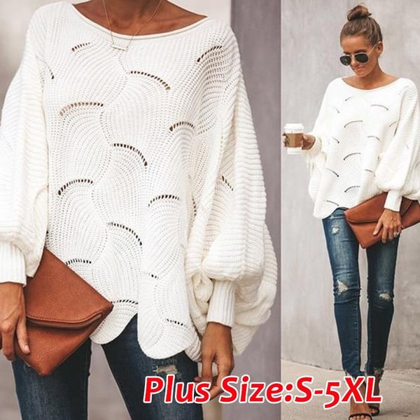Women Fashion Casual Plus Size Pure Color Hollow Out Bat Sleeve Loose Sweater Autumn Tops Plus Size S-5XL - Chicaggo