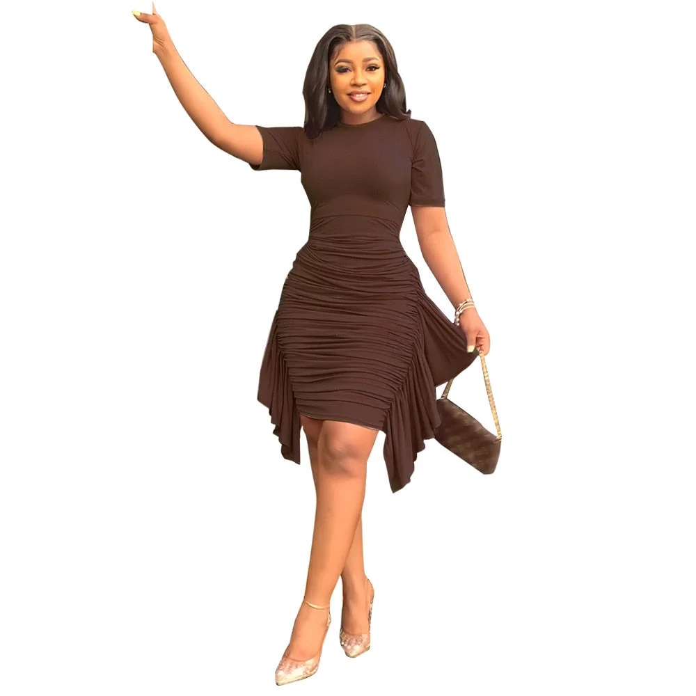 Summer Slim Ruffle Dress Women Fashion Casual Pure Round Neck Short Sleeve Pleated Ruffle Slim Tshirt Dress Women