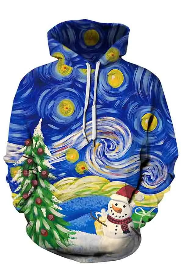 Christmas Graffiti Long Sleeve Pocket Casual Hoodie Sapphire Blue-elleschic
