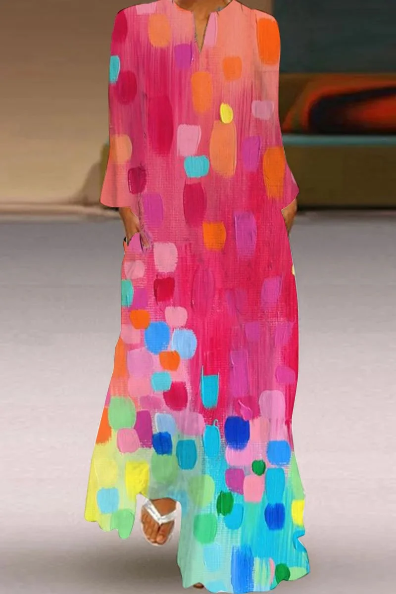 Casual Retro Long Sleeve Geometric Print Dress.