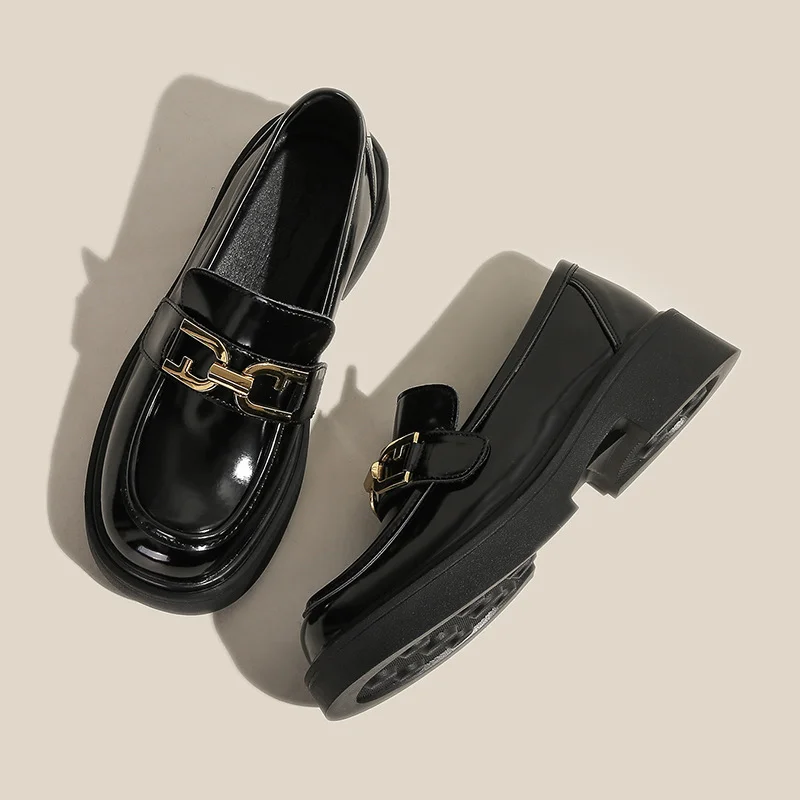 Uveng Uveng New Shallow Mouth British Wind College Single Shoes Korean Version Of Small Black Leather Shoes Shallow Mouth With Skirt Loafers Women