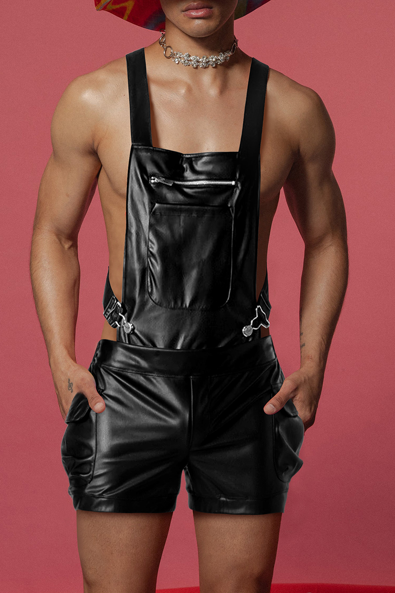 Ciciful PU Leather Zipper Singlet Festival Jumpsuit Black Romper Overalls