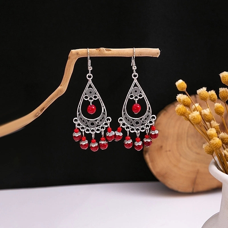 Bohemian Blue Turquoise National Style Earrings Imitation Miao Silver Metal Earrings Vintage Tassel Earrings