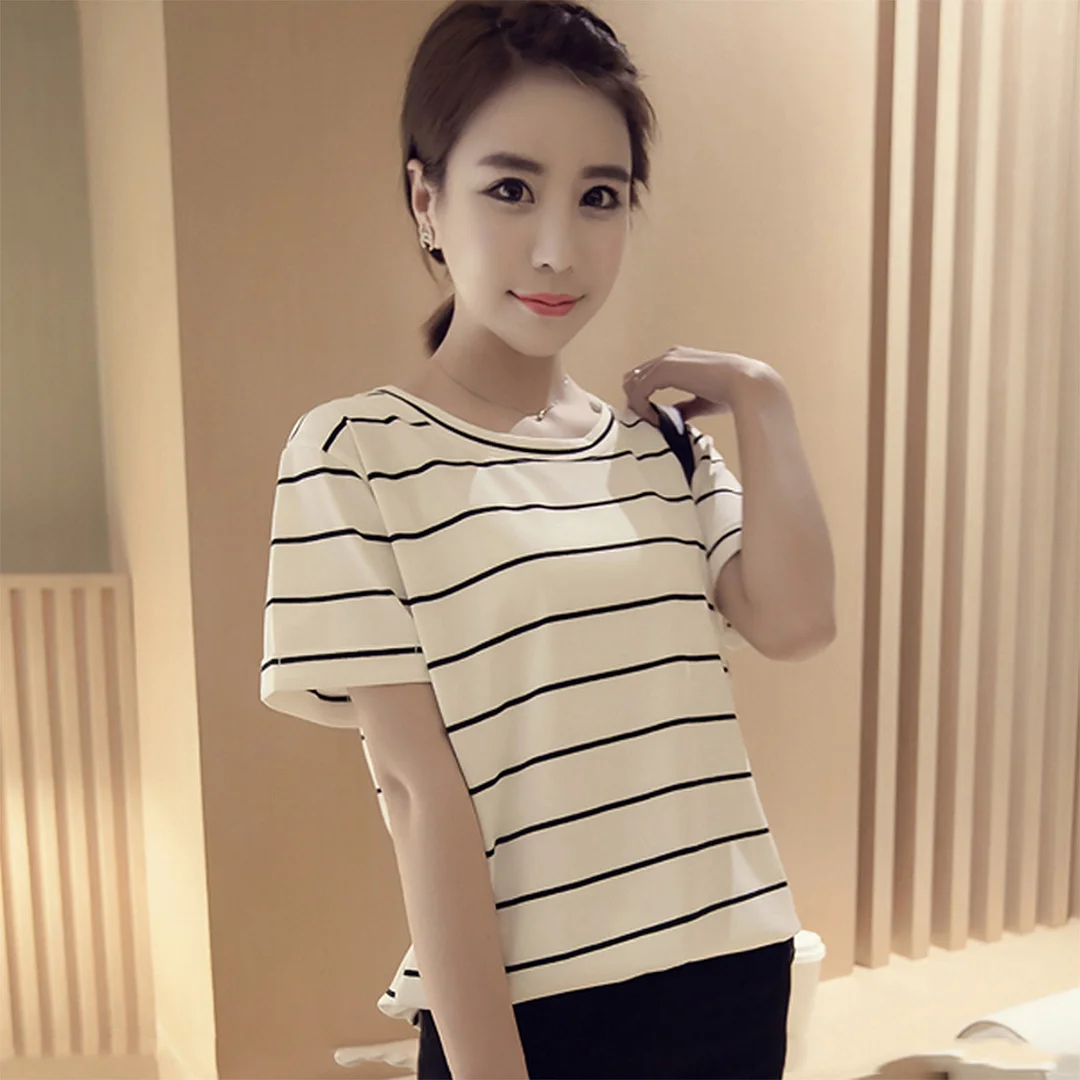 Brownm Brownm New Summer 2024 Korean Version Loose Large-Size Striped Short-Sleeved T-Shirt Women's Top Bottom Shirt Women's Clothing