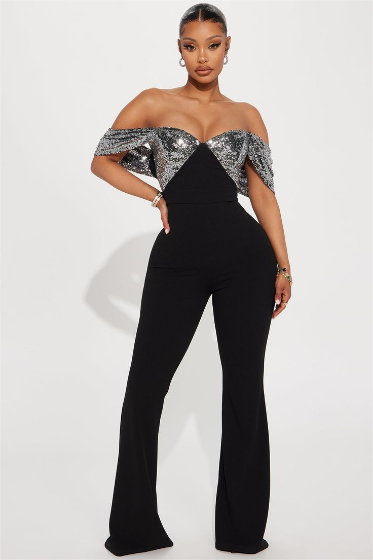 Lvs&Broner Charming Black Off the Shoulder Sleeveless High Waist Wid-Leg Long Jumpsuit with Sequins