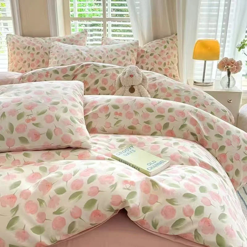Aonga Ins Bedding Set Cream Green Floral Twin Queen Size Duvet Cover Flat Sheet Pillowcase No Filler Girl Boy Gift Home Bed Linens aonga