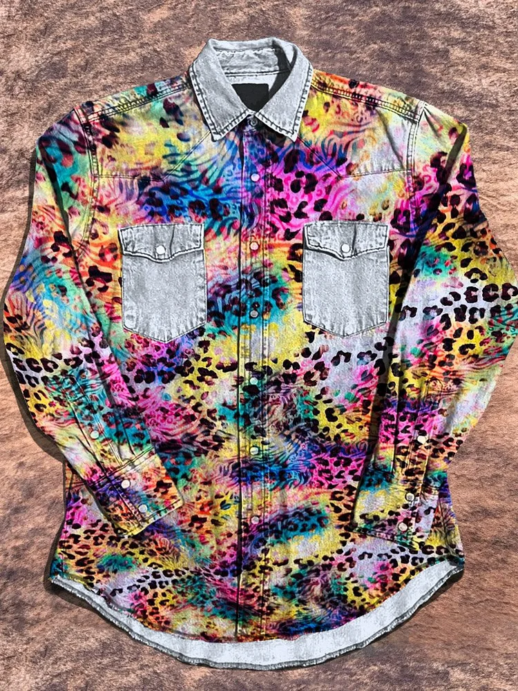 Vintage Western Colorful Leopard Art Pattern Print Casual Shirt