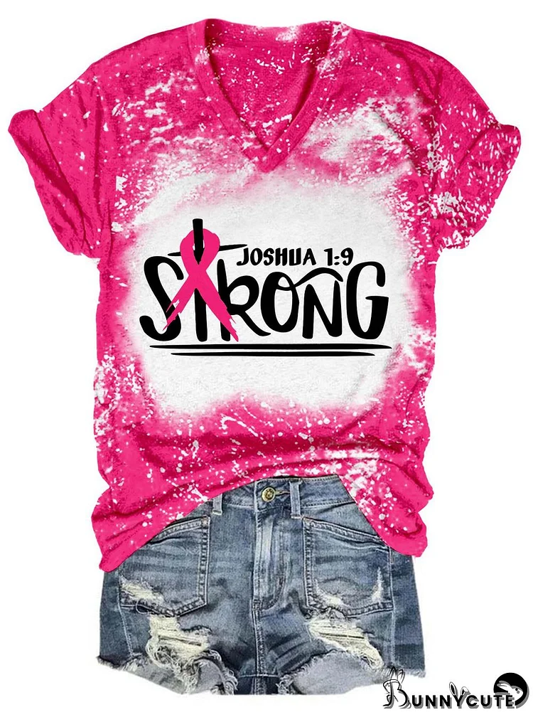 Strong Pink Ribbon V-Neck Tie Dye T-Shirt