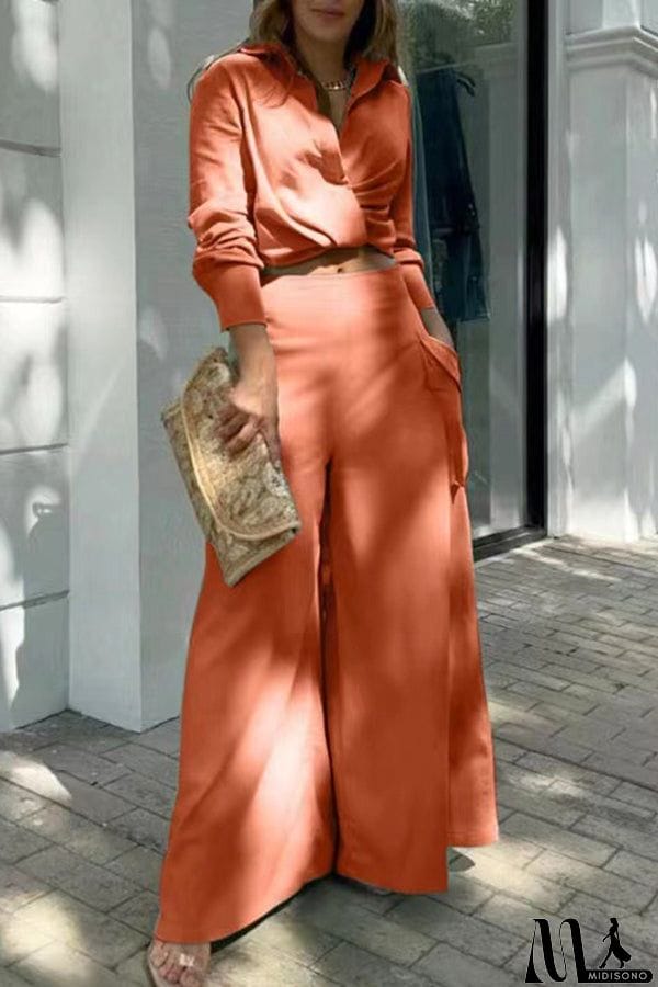 MidiSono - Button Cross Wrap Blouse Wide Leg Pants Set