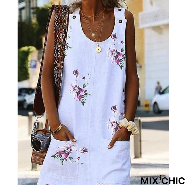 Large Size Women's Dress Floral Print Round Neck Sleeveless Double Pocket Dresses White Dresses