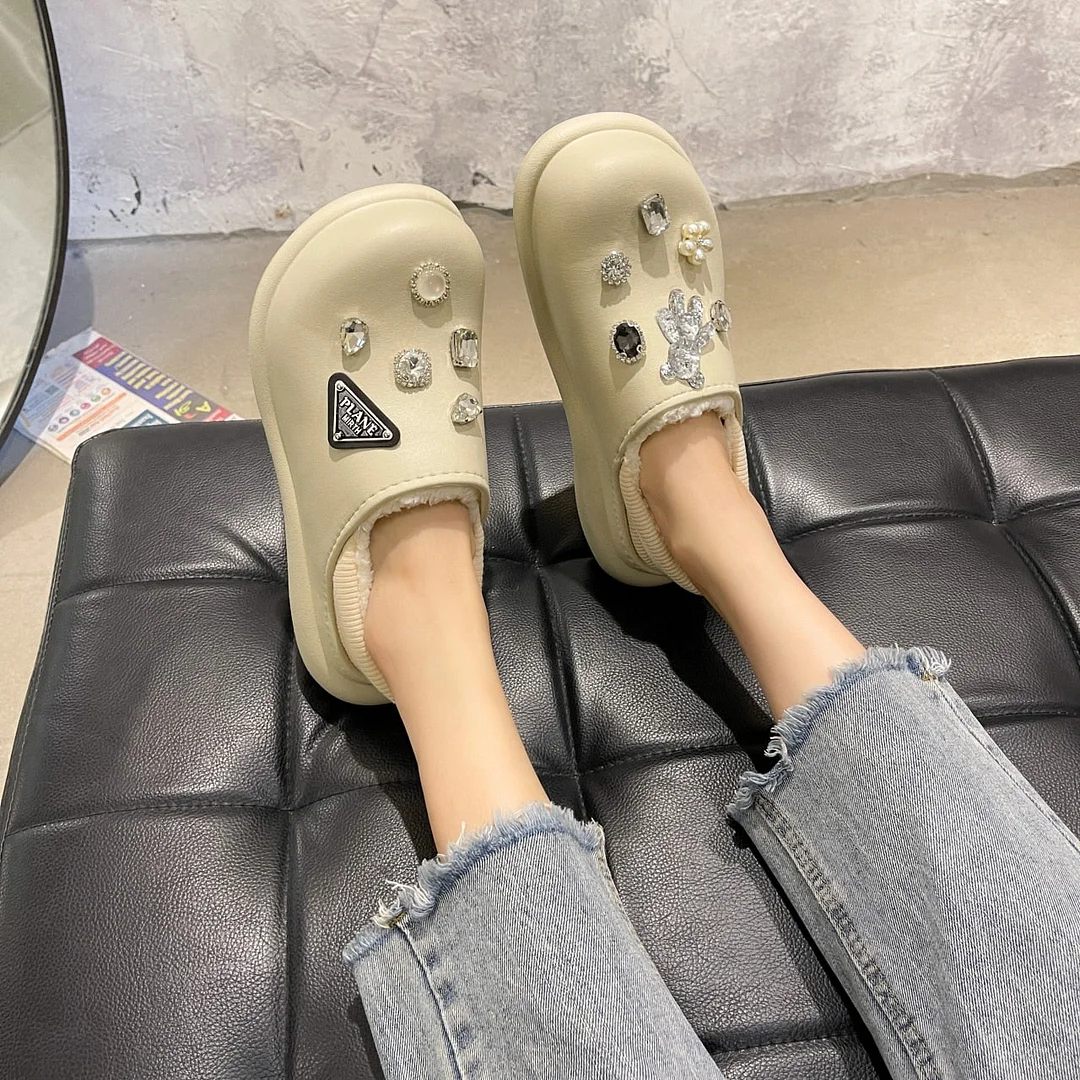 Women Trend Design Slides Hollow Out Shiny Rhinestone Pearl Platform Wedge Heel Round Toe Outdoor Beach Shoes Ladies 2021 NEW